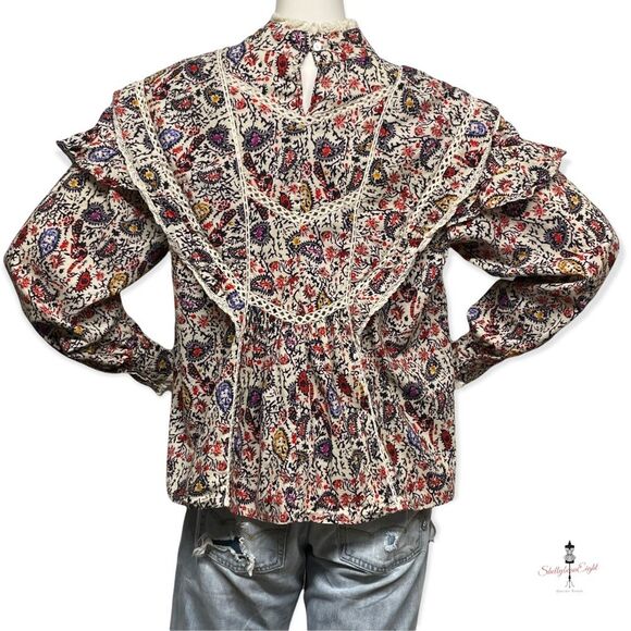 COTTAGECORE Prairie Vintage 70s Look Peacock Print Lace Trim Blouse Top M L - Picture 10 of 16